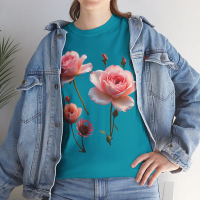 Wildflowers and Pink Roses, Graphic T-Shirts for Women, Floral Shirt, Womens Short Sleeve, Ladies Graphic Tees #5019TTS
