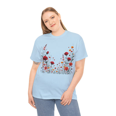 Wildflowers and Red Roses, Graphic T-Shirts for Women, Floral Shirt, Womens Short Sleeve, Ladies Graphic Tees #5033TTS