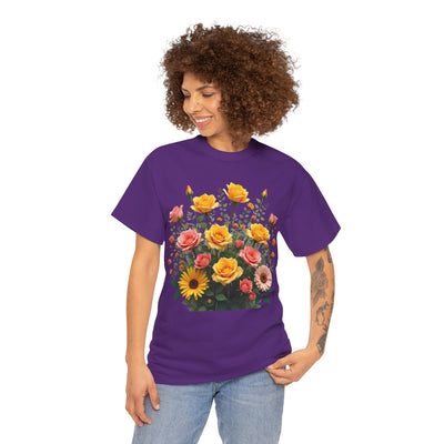 Wildflowers and Pink & Yellow Roses, Graphic T-Shirts for Women, Floral Shirt, Womens Short Sleeve, Ladies Graphic Tees #5141TTS