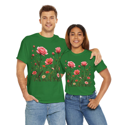 Wildflowers and Pink Roses, Graphic T-Shirts for Women, Floral Shirt, Womens Short Sleeve, Ladies Graphic Tees #5022TTS