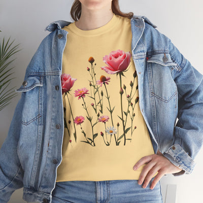 Wildflowers and Pink Roses, Graphic T-Shirts for Women, Floral Shirt, Womens Short Sleeve, Ladies Graphic Tees #5018TTS