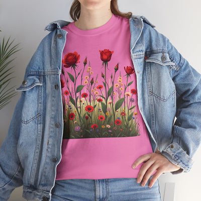 Wildflowers and Red Roses, Graphic T-Shirts for Women, Floral Shirt, Womens Short Sleeve, Ladies Graphic Tees #5032TTS