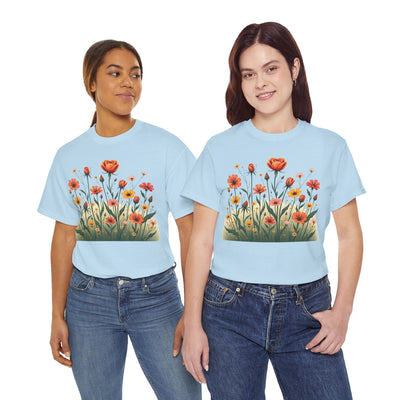Wildflowers and Orange Roses, Graphic T-Shirts for Women, Floral Shirt, Womens Short Sleeve, Ladies Graphic Tees #5047TTS