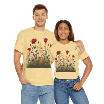 Wildflowers and Red Roses, Graphic T-Shirts for Women, Floral Shirt, Womens Short Sleeve, Ladies Graphic Tees #5032TTS