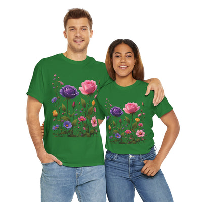 Wildflowers and Pink/Violet Roses, Graphic T-Shirts for Women, Floral Shirt, Womens Short Sleeve, Ladies Graphic Tees #5101TTS