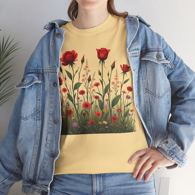 Wildflowers and Red Roses, Graphic T-Shirts for Women, Floral Shirt, Womens Short Sleeve, Ladies Graphic Tees #5032TTS