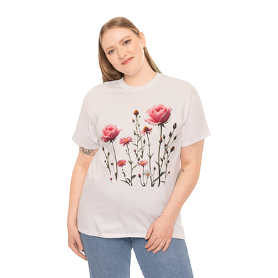 Wildflowers and Pink Roses, Graphic T-Shirts for Women, Floral Shirt, Womens Short Sleeve, Ladies Graphic Tees #5018TTS