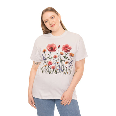 Wildflowers and Pink Roses, Graphic T-Shirts for Women, Floral Shirt, Womens Short Sleeve, Ladies Graphic Tees #5015TTS