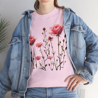 Wildflowers and Pink Roses, Graphic T-Shirts for Women, Floral Shirt, Womens Short Sleeve, Ladies Graphic Tees #5018TTS