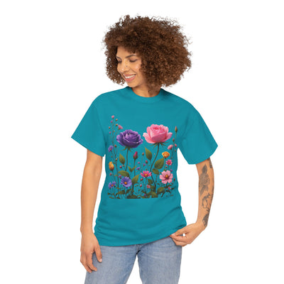 Wildflowers and Pink/Violet Roses, Graphic T-Shirts for Women, Floral Shirt, Womens Short Sleeve, Ladies Graphic Tees #5101TTS