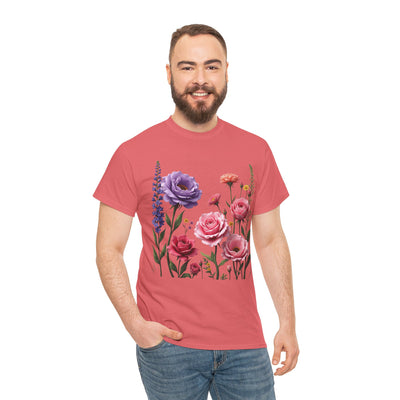 Wildflowers and Pink/Violet Roses, Graphic T-Shirts for Women, Floral Shirt, Womens Short Sleeve, Ladies Graphic Tees #5100TTS