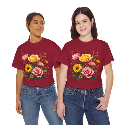 Wildflowers and Pink & Yellow Roses, Graphic T-Shirts for Women, Floral Shirt, Womens Short Sleeve, Ladies Graphic Tees #5146TTS