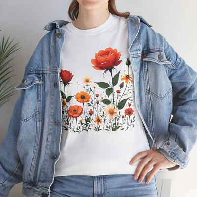 Wildflowers and Orange Roses, Graphic T-Shirts for Women, Floral Shirt, Womens Short Sleeve, Ladies Graphic Tees #5043TTS