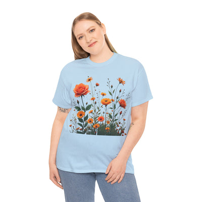 Wildflowers and Orange Roses, Graphic T-Shirts for Women, Floral Shirt, Womens Short Sleeve, Ladies Graphic Tees #5046TTS
