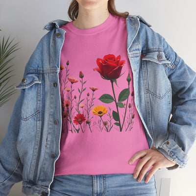 Wildflowers and a Red Rose, Graphic T-Shirts for Women, Floral Shirt, Womens Short Sleeve, Ladies Graphic Tees #5006TTS