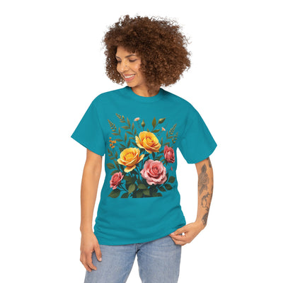 Wildflowers and Pink & Yellow Roses, Graphic T-Shirts for Women, Floral Shirt, Womens Short Sleeve, Ladies Graphic Tees #5149TTS