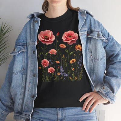 Wildflowers and Pink Roses, Graphic T-Shirts for Women, Floral Shirt, Womens Short Sleeve, Ladies Graphic Tees #5015TTS