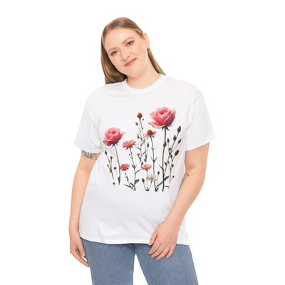 Wildflowers and Pink Roses, Graphic T-Shirts for Women, Floral Shirt, Womens Short Sleeve, Ladies Graphic Tees #5018TTS