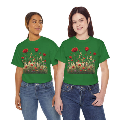 Wildflowers and Red Roses, Graphic T-Shirts for Women, Floral Shirt, Womens Short Sleeve, Ladies Graphic Tees #5032TTS