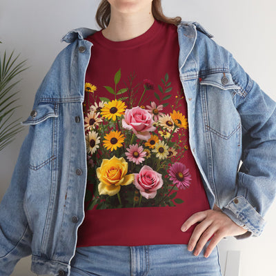 Wildflowers and Pink & Yellow Roses, Graphic T-Shirts for Women, Floral Shirt, Womens Short Sleeve, Ladies Graphic Tees #5150TTS