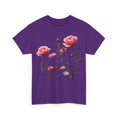 Wildflowers and Pink Roses, Graphic T-Shirts for Women, Floral Shirt, Womens Short Sleeve, Ladies Graphic Tees #5018TTS
