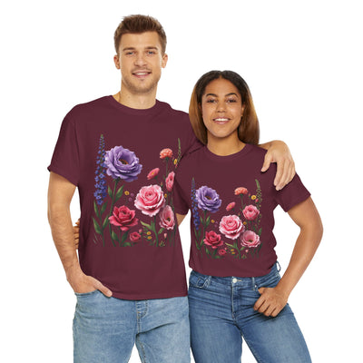 Wildflowers and Pink/Violet Roses, Graphic T-Shirts for Women, Floral Shirt, Womens Short Sleeve, Ladies Graphic Tees #5100TTS
