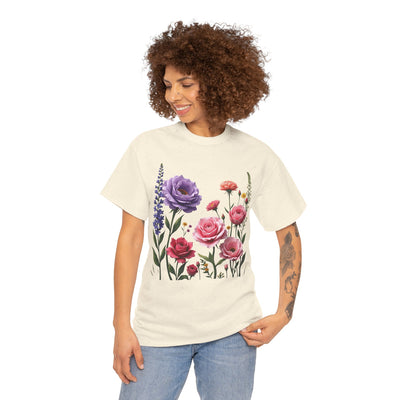 Wildflowers and Pink/Violet Roses, Graphic T-Shirts for Women, Floral Shirt, Womens Short Sleeve, Ladies Graphic Tees #5100TTS