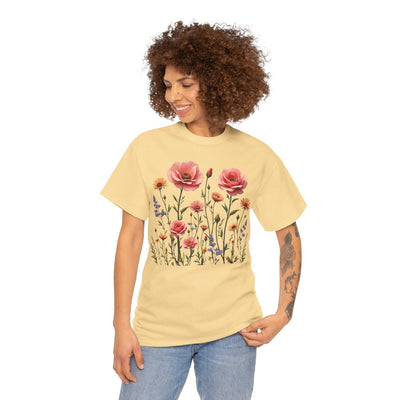 Wildflowers and Pink Roses, Graphic T-Shirts for Women, Floral Shirt, Womens Short Sleeve, Ladies Graphic Tees #5015TTS