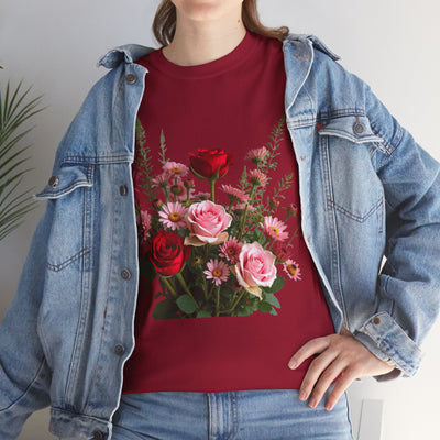 Wildflowers and Red & Pink Roses, Graphic T-Shirts for Women, Floral Shirt, Womens Short Sleeve, Ladies Graphic Tees #5132TTS