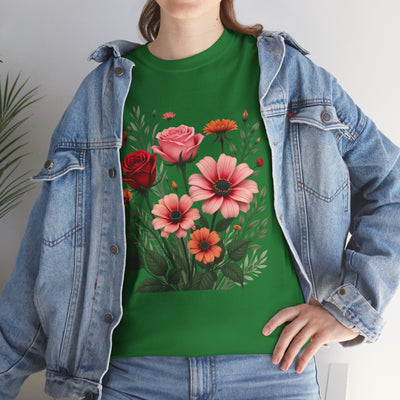 Wildflowers and Pink & Red Roses, Graphic T-Shirts for Women, Floral Shirt, Womens Short Sleeve, Ladies Graphic Tees #5133TTS
