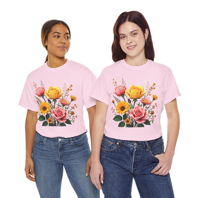 Wildflowers and Pink & Yellow Roses, Graphic T-Shirts for Women, Floral Shirt, Womens Short Sleeve, Ladies Graphic Tees #5146TTS