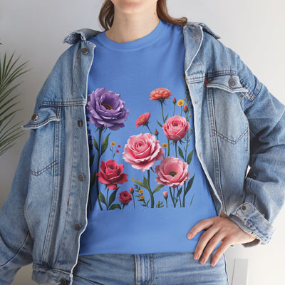 Wildflowers and Pink/Violet Roses, Graphic T-Shirts for Women, Floral Shirt, Womens Short Sleeve, Ladies Graphic Tees #5100TTS