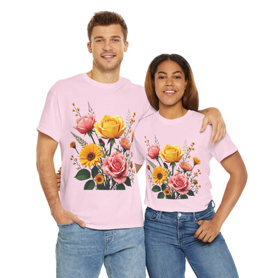 Wildflowers and Pink & Yellow Roses, Graphic T-Shirts for Women, Floral Shirt, Womens Short Sleeve, Ladies Graphic Tees #5146TTS