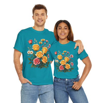Wildflowers and Pink & Yellow Roses, Graphic T-Shirts for Women, Floral Shirt, Womens Short Sleeve, Ladies Graphic Tees #5137TTS