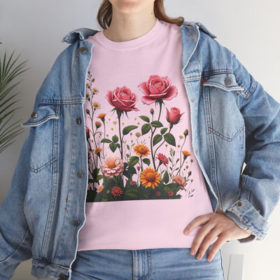 Wildflowers and Pink Roses, Graphic T-Shirts for Women, Floral Shirt, Womens Short Sleeve, Ladies Graphic Tees #5013TTS
