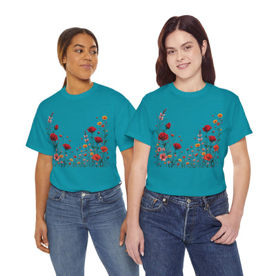 Wildflowers and Red Roses, Graphic T-Shirts for Women, Floral Shirt, Womens Short Sleeve, Ladies Graphic Tees #5033TTS