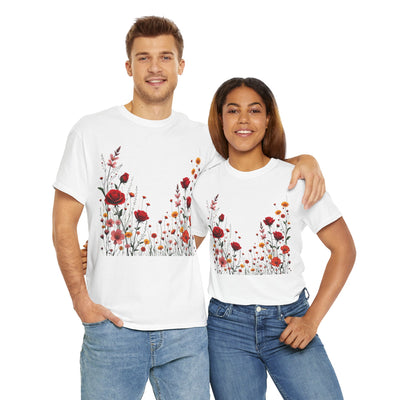 Wildflowers and Red Roses, Graphic T-Shirts for Women, Floral Shirt, Womens Short Sleeve, Ladies Graphic Tees #5033TTS