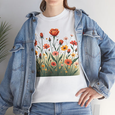 Wildflowers and Orange Roses, Graphic T-Shirts for Women, Floral Shirt, Womens Short Sleeve, Ladies Graphic Tees #5047TTS