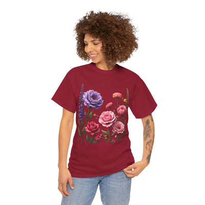 Wildflowers and Pink/Violet Roses, Graphic T-Shirts for Women, Floral Shirt, Womens Short Sleeve, Ladies Graphic Tees #5100TTS