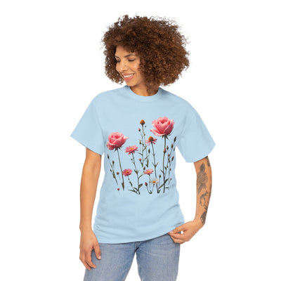 Wildflowers and Pink Roses, Graphic T-Shirts for Women, Floral Shirt, Womens Short Sleeve, Ladies Graphic Tees #5018TTS