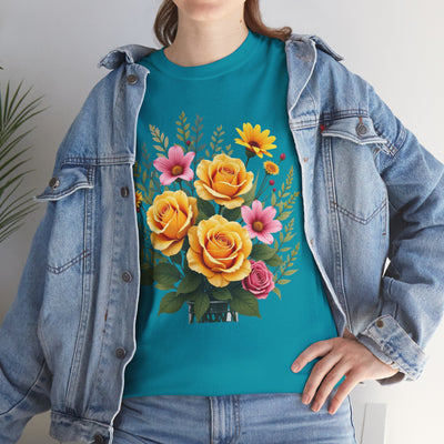 Wildflowers and Yellow Roses, Graphic T-Shirts for Women, Floral Shirt, Womens Short Sleeve, Ladies Graphic Tees #5135TTS