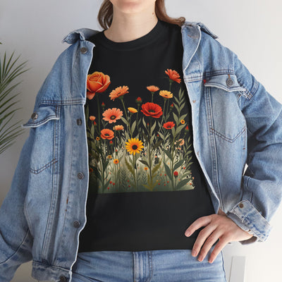 Wildflowers and Orange Roses, Graphic T-Shirts for Women, Floral Shirt, Womens Short Sleeve, Ladies Graphic Tees #5045TTS