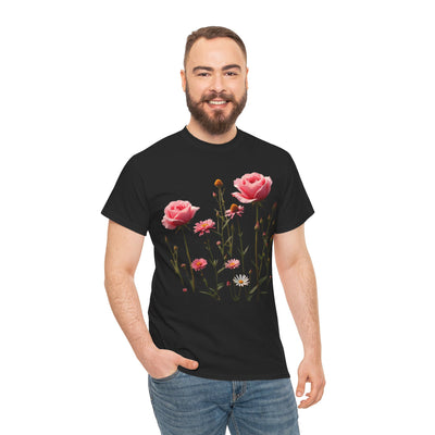 Wildflowers and Pink Roses, Graphic T-Shirts for Women, Floral Shirt, Womens Short Sleeve, Ladies Graphic Tees #5018TTS