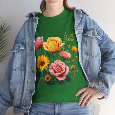 Wildflowers and Pink & Yellow Roses, Graphic T-Shirts for Women, Floral Shirt, Womens Short Sleeve, Ladies Graphic Tees #5146TTS