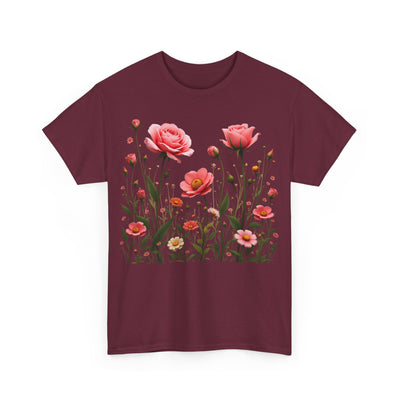 Wildflowers and Pink Roses, Graphic T-Shirts for Women, Floral Shirt, Womens Short Sleeve, Ladies Graphic Tees #5022TTS