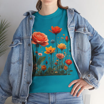 Wildflowers and Orange Roses, Graphic T-Shirts for Women, Floral Shirt, Womens Short Sleeve, Ladies Graphic Tees #5044TTS