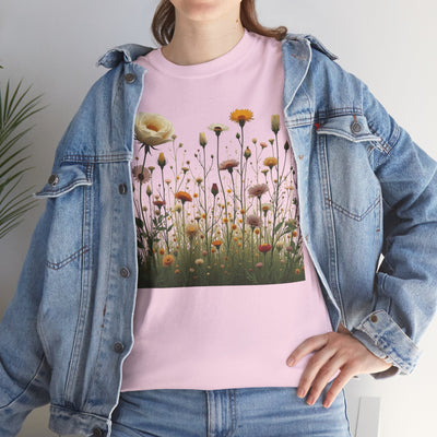 Wildflowers and White Roses, Graphic T-Shirts for Women, Floral Shirt, Womens Short Sleeve, Ladies Graphic Tees #5041TTS