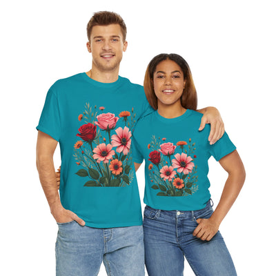 Wildflowers and Pink & Red Roses, Graphic T-Shirts for Women, Floral Shirt, Womens Short Sleeve, Ladies Graphic Tees #5133TTS