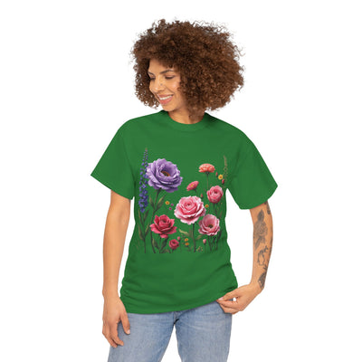 Wildflowers and Pink/Violet Roses, Graphic T-Shirts for Women, Floral Shirt, Womens Short Sleeve, Ladies Graphic Tees #5100TTS