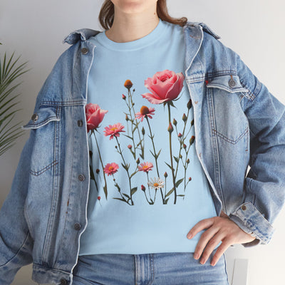 Wildflowers and Pink Roses, Graphic T-Shirts for Women, Floral Shirt, Womens Short Sleeve, Ladies Graphic Tees #5018TTS